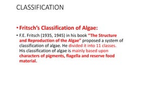 CLASSIFICATION
•Fritsch’s Classification of Algae:
• F.E. Fritsch (1935, 1945) in his book “The Structure
and Reproduction of the Algae” proposed a system of
classification of algae. He divided it into 11 classes.
His classification of algae is mainly based upon
characters of pigments, flagella and reserve food
material.
 