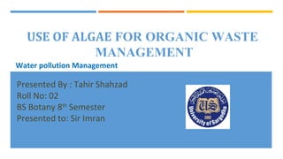 Presented By : Tahir Shahzad
Roll No: 02
BS Botany 8th
Semester
Presented to: Sir Imran
USE OF ALGAE FOR ORGANIC WASTE
MANAGEMENT
Water pollution Management
 