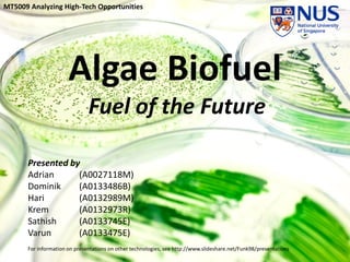 Algae Biofuel
Fuel of the Future
MT5009 Analyzing High-Tech Opportunities
Presented by
Adrian (A0027118M)
Dominik (A0133486B)
Hari (A0132989M)
Krem (A0132973R)
Sathish (A0133745E)
Varun (A0133475E)
For information on presentations on other technologies, see http://www.slideshare.net/Funk98/presentations
 
