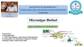Presented by:
S. Priyadharshini
1st MSC Microbiology. Department of Microbiology
Vivekanandha Arts and Science College for Women
Sankagiri, Salem, Tamil Nadu, India.
DEPARTMENT OF MICROBIOLOGY
VIVEKANANDA ARTS AND SCIENCE COLLEGE FOR WOMEN
SANKAGIRI
Microalgae Biofuel
Subject: MICROALGAL TECHNOLOGY
 