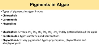 Pigments in Algae
• Types of pigments in algae-3 types
• Chlorophylls
• Carotenoids
• Phycobilins
• Chlorophylls-5 types-chla chlb chlc chld chle -chla widely distributed in all the algae
• Carotenoids-2 types-carotenes and xanthophylls
• Phycobilins-Acessory pigments-3 types-phycocyanin , phycoethyrin and
allophycocyanin
 