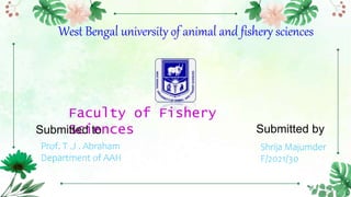 West Bengal university of animal and fishery sciences
Faculty of Fishery
Sciences
Submitted to
Prof. T .J . Abraham
Department of AAH
Submitted by
Shrija Majumder
F/2021/30
 