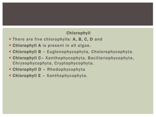 Chlorophyll
 There are five chlorophylls: A, B, C, D and
 Chlorophyll A is present in all algae.
 Chlorophyll B – Euglenophycophyta, Cholorophycophyta.
 Chlorophyll C– Xanthophycophyta, Bacillariophycophyta,
Chrysophycophyta, Cryptophycophyta.
 Chlorophyll D – Rhodophycophyta
 Chlorophyll E – Xanthophycophyta.
 