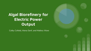 Algal Biorefinery for
Electric Power
Output
Colby Cofield, Alena Senf, and Mallory Ware
 