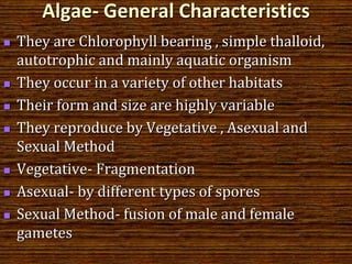 Algae- General Characteristics
 They are Chlorophyll bearing , simple thalloid,
autotrophic and mainly aquatic organism
 They occur in a variety of other habitats
 Their form and size are highly variable
 They reproduce by Vegetative , Asexual and
Sexual Method
 Vegetative- Fragmentation
 Asexual- by different types of spores
 Sexual Method- fusion of male and female
gametes
 