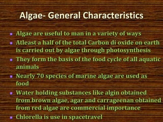 Algae- General Characteristics
 Algae are useful to man in a variety of ways
 Atleast a half of the total Carbon di oxide on earth
is carried out by algae through photosynthesis
 They form the basis of the food cycle of all aquatic
animals
 Nearly 70 species of marine algae are used as
food
 Water holding substances like algin obtained
from brown algae, agar and carrageenan obtained
from red algae are commercial importance
 Chlorella is use in spacetravel
 
