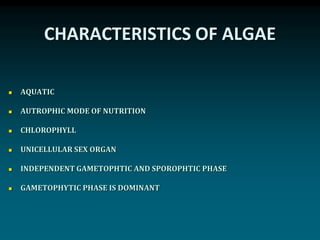 CHARACTERISTICS OF ALGAE
 AQUATIC
 AUTROPHIC MODE OF NUTRITION
 CHLOROPHYLL
 UNICELLULAR SEX ORGAN
 INDEPENDENT GAMETOPHTIC AND SPOROPHTIC PHASE
 GAMETOPHYTIC PHASE IS DOMINANT
 