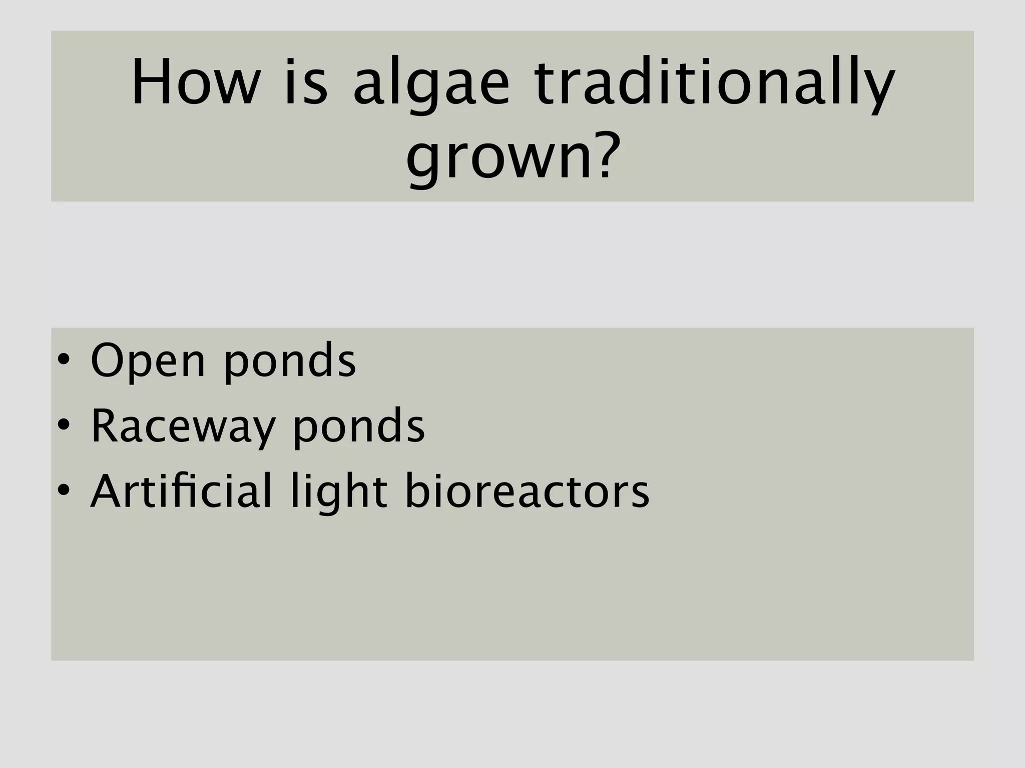 How is algae traditionally
            grown?


• Open ponds
• Raceway ponds
• Artiﬁcial light bioreactors
 