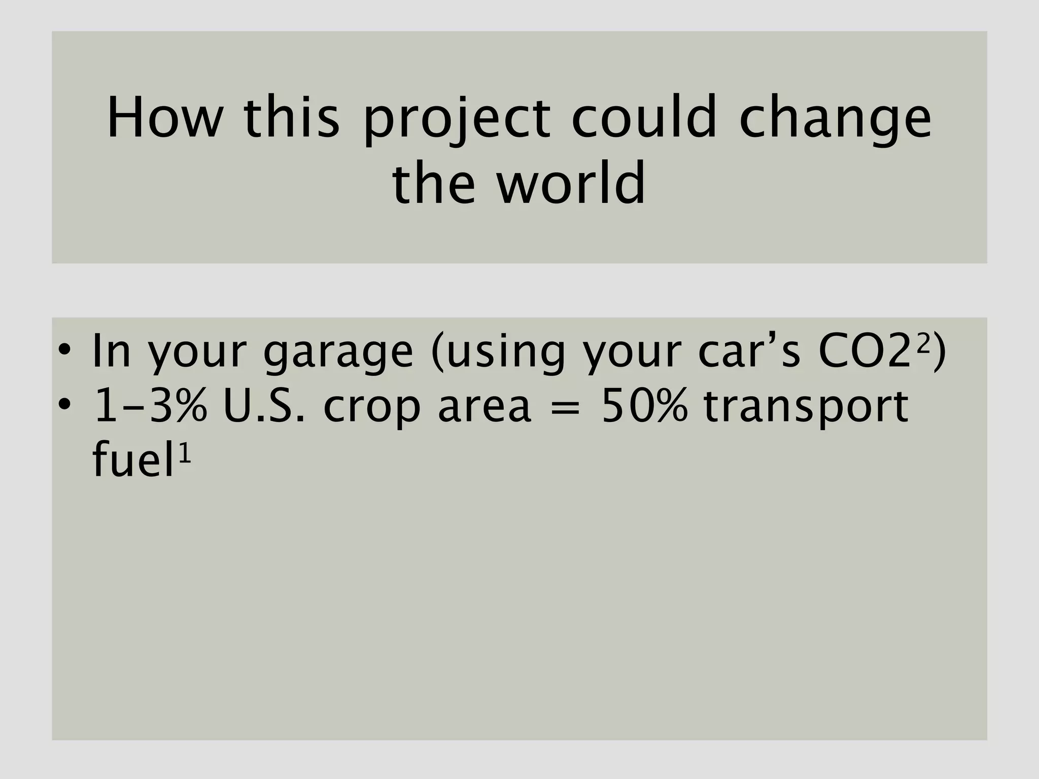 How this project could change
            the world

• In your garage (using your car’s CO22)
• 1-3% U.S. crop area = 50% transport
  fuel1
 