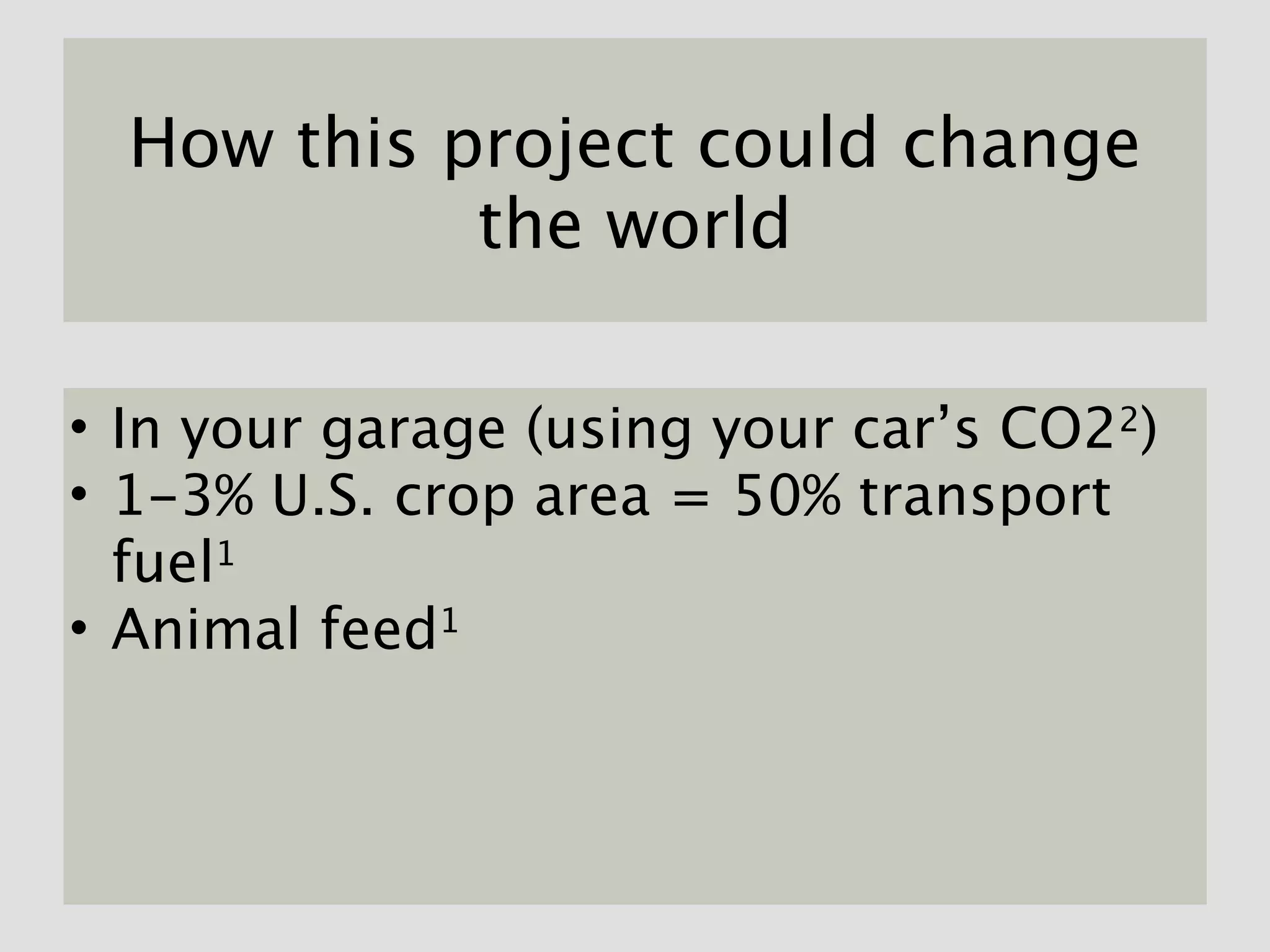 How this project could change
            the world

• In your garage (using your car’s CO22)
• 1-3% U.S. crop area = 50% transport
  fuel1
• Animal feed1
 