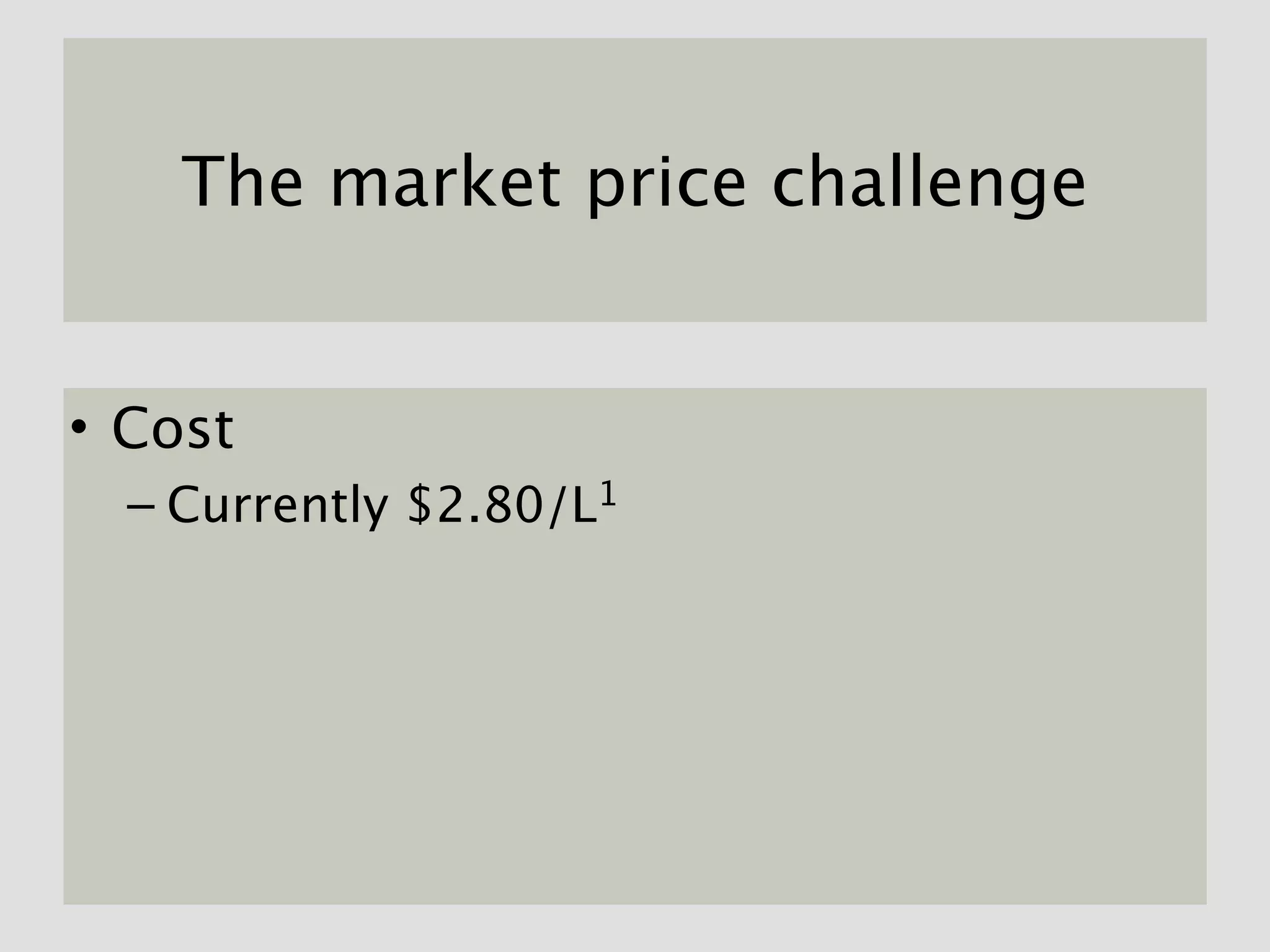 The market price challenge


• Cost
  – Currently $2.80/L1
 