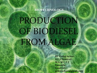 BIOTECHNOLOGY


PRODUCTION
OF BIODIESEL
FROM ALGAE
            BY Gokul Achari
            B.E (Chemical)
            M.G.M C.E.T
            Kamothe
            Email id:
            gokulachari@gmail.com
 