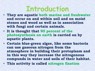 Introduction
• They are aquatic both marine and freshwater
and occur on and within soil and on moist
stones and wood as well as in association
with fungi and certain animals.
• It is thought that 90 percent of the
photosynthesis on earth is carried on by
aquatic plants.
• Certain blue-green algae, like some bacteria
can use gaseous nitrogen from the
atmosphere in building their protoplasm and
in this way they increase the nitrogenous
compunds in water and soils of their habitat.
• This activity is called nitrogen fixation
 