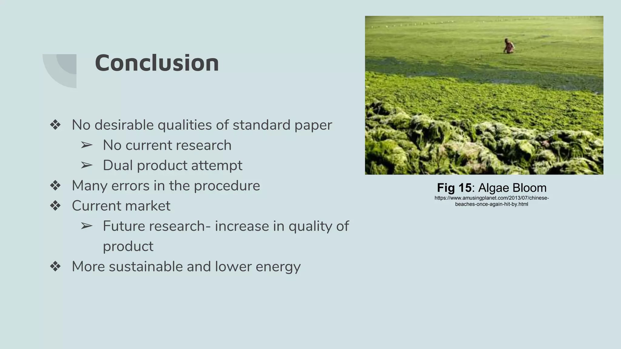 Conclusion
❖ No desirable qualities of standard paper
➢ No current research
➢ Dual product attempt
❖ Many errors in the procedure
❖ Current market
➢ Future research- increase in quality of
product
❖ More sustainable and lower energy
Fig 15: Algae Bloom
https://www.amusingplanet.com/2013/07/chinese-
beaches-once-again-hit-by.html
 
