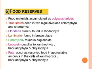 6)FOOD RESERVES
 Food materials accumulated as polysaccharides
 True starch-seen in two algal divisions chlorophyta
and charophyta
 Floridean starch- found in rhodophyta
 Laminarin- found in brown algae
 Paramylon- found in euglenoids
 Leucosin-peculiar to xanthophyta ,
bacillariophyta & chrysophyta
 Fats occur as reserved food in appreciable
amounts in the cells of xanthophyta ,
bacillariophyta & chrysophyta
 