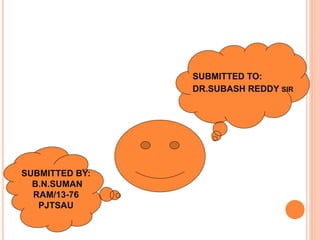 SUBMITTED TO:
DR.SUBASH REDDY SIR
SUBMITTED BY:
B.N.SUMAN
RAM/13-76
PJTSAU
 