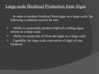Large-scale Biodiesel Production from Algae In order to produce biodiesel from algae on a large-scale, the following conditions need to be met: Ability to sustainably produce high-oil-yielding algae  strains on a large-scale.  Ability to extract the oil from the algae on a large scale.  Capability for large-scale conversion of algal oil into  biodiesel.  