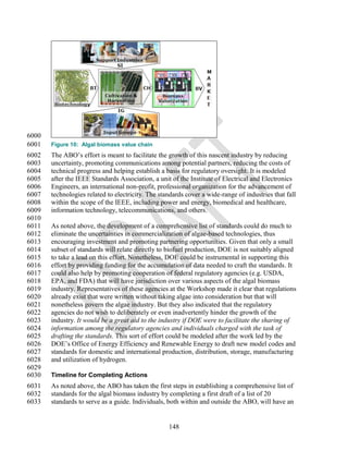 6000
6001   Figure 10: Algal biomass value chain
6002   The ABO‘s effort is meant to facilitate the growth of this nascent industry by reducing
6003   uncertainty, promoting communications among potential partners, reducing the costs of
6004   technical progress and helping establish a basis for regulatory oversight. It is modeled
6005   after the IEEE Standards Association, a unit of the Institute of Electrical and Electronics
6006   Engineers, an international non-profit, professional organization for the advancement of
6007   technologies related to electricity. The standards cover a wide-range of industries that fall
6008   within the scope of the IEEE, including power and energy, biomedical and healthcare,
6009   information technology, telecommunications, and others.
6010
6011   As noted above, the development of a comprehensive list of standards could do much to
6012   eliminate the uncertainties in commercialization of algae-based technologies, thus
6013   encouraging investment and promoting partnering opportunities. Given that only a small
6014   subset of standards will relate directly to biofuel production, DOE is not suitably aligned
6015   to take a lead on this effort. Nonetheless, DOE could be instrumental in supporting this
6016   effort by providing funding for the accumulation of data needed to craft the standards. It
6017   could also help by promoting cooperation of federal regulatory agencies (e.g. USDA,
6018   EPA, and FDA) that will have jurisdiction over various aspects of the algal biomass
6019   industry. Representatives of these agencies at the Workshop made it clear that regulations
6020   already exist that were written without taking algae into consideration but that will
6021   nonetheless govern the algae industry. But they also indicated that the regulatory
6022   agencies do not wish to deliberately or even inadvertently hinder the growth of the
6023   industry. It would be a great aid to the industry if DOE were to facilitate the sharing of
6024   information among the regulatory agencies and individuals charged with the task of
6025   drafting the standards. This sort of effort could be modeled after the work led by the
6026   DOE‘s Office of Energy Efficiency and Renewable Energy to draft new model codes and
6027   standards for domestic and international production, distribution, storage, manufacturing
6028   and utilization of hydrogen.
6029
6030   Timeline for Completing Actions
6031   As noted above, the ABO has taken the first steps in establishing a comprehensive list of
6032   standards for the algal biomass industry by completing a first draft of a list of 20
6033   standards to serve as a guide. Individuals, both within and outside the ABO, will have an


                                                   148
 