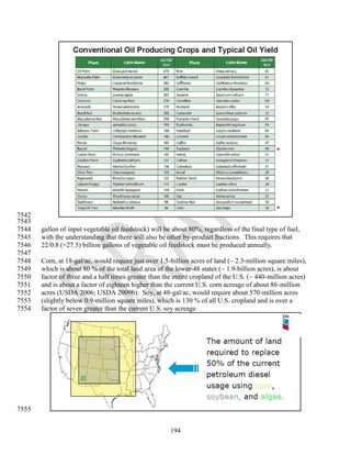 7542
7543
7544   gallon of input vegetable oil feedstock) will be about 80%, regardless of the final type of fuel,
7545   with the understanding that there will also be other by-product fractions. This requires that
7546   22/0.8 (=27.5) billion gallons of vegetable oil feedstock must be produced annually.
7547
7548   Corn, at 18-gal/ac, would require just over 1.5-billion acres of land (~ 2.3-million square miles),
7549   which is about 80 % of the total land area of the lower-48 states (~ 1.9-billion acres), is about
7550   factor of three and a half times greater than the entire cropland of the U.S. (~ 440-million acres)
7551   and is about a factor of eighteen higher than the current U.S. corn acreage of about 86-million
7552   acres (USDA 2006; USDA 2009b). Soy, at 48-gal/ac, would require about 570-million acres
7553   (slightly below 0.9-million square miles), which is 130 % of all U.S. cropland and is over a
7554   factor of seven greater than the current U.S. soy acreage




7555


                                                       194
 