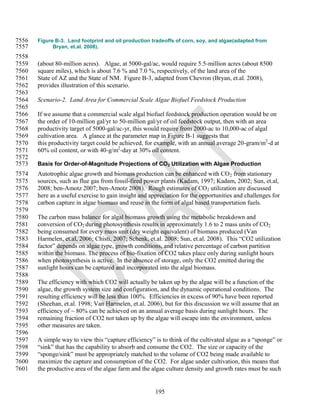 7556   Figure B-3. Land footprint and oil production tradeoffs of corn, soy, and algae(adapted from
7557         Bryan, et.al. 2008).
7558
7559   (about 80-million acres). Algae, at 5000-gal/ac, would require 5.5-million acres (about 8500
7560   square miles), which is about 7.6 % and 7.0 %, respectively, of the land area of the
7561   State of AZ and the State of NM. Figure B-3, adapted from Chevron (Bryan, et.al. 2008),
7562   provides illustration of this scenario.
7563
7564   Scenario-2. Land Area for Commercial Scale Algae Biofuel Feedstock Production
7565
7566   If we assume that a commercial scale algal biofuel feedstock production operation would be on
7567   the order of 10-million gal/yr to 50-million gal/yr of oil feedstock output, then with an area
7568   productivity target of 5000-gal/ac-yr, this would require from 2000-ac to 10,000-ac of algal
7569   cultivation area. A glance at the parameter map in Figure B-1 suggests that
7570   this productivity target could be achieved, for example, with an annual average 20-gram/m2-d at
7571   60% oil content, or with 40-g/m2-day at 30% oil content.
7572
7573   Basis for Order-of-Magnitude Projections of CO2 Utilization with Algae Production
7574   Autotrophic algae growth and biomass production can be enhanced with CO 2 from stationary
7575   sources, such as flue gas from fossil-fired power plants (Kadam, 1997; Kadam, 2002; Sun, et.al,
7576   2008; ben-Amotz 2007; ben-Amotz 2008). Rough estimates of CO2 utilization are discussed
7577   here as a useful exercise to gain insight and appreciation for the opportunities and challenges for
7578   carbon capture in algae biomass and reuse in the form of algal based transportation fuels.
7579
7580   The carbon mass balance for algal biomass growth using the metabolic breakdown and
7581   conversion of CO2 during photosynthesis results in approximately 1.6 to 2 mass units of CO2
7582   being consumed for every mass unit (dry weight equivalent) of biomass produced (Van
7583   Harmelen, et.al, 2006; Chisti, 2007; Schenk, et.al. 2008; Sun, et.al. 2008). This ―CO2 utilization
7584   factor‖ depends on algae type, growth conditions, and relative percentage of carbon partition
7585   within the biomass. The process of bio-fixation of CO2 takes place only during sunlight hours
7586   when photosynthesis is active. In the absence of storage, only the CO2 emitted during the
7587   sunlight hours can be captured and incorporated into the algal biomass.
7588
7589   The efficiency with which CO2 will actually be taken up by the algae will be a function of the
7590   algae, the growth system size and configuration, and the dynamic operational conditions. The
7591   resulting efficiency will be less than 100%. Efficiencies in excess of 90% have been reported
7592   (Sheehan, et.al. 1998; Van Harmelen, et.al. 2006), but for this discussion we will assume that an
7593   efficiency of ~ 80% can be achieved on an annual average basis during sunlight hours. The
7594   remaining fraction of CO2 not taken up by the algae will escape into the environment, unless
7595   other measures are taken.
7596
7597   A simple way to view this ―capture efficiency‖ is to think of the cultivated algae as a ―sponge‖ or
7598   ―sink‖ that has the capability to absorb and consume the CO2. The size or capacity of the
7599   ―sponge/sink‖ must be appropriately matched to the volume of CO2 being made available to
7600   maximize the capture and consumption of the CO2. For algae under cultivation, this means that
7601   the productive area of the algae farm and the algae culture density and growth rates must be such


                                                       195
 