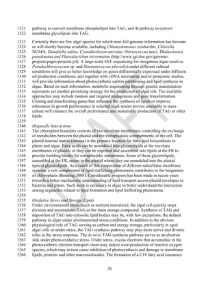 1321   pathway to convert membrane phospholipid into TAG; and 4) pathway to convert
1322   membrane glycolipids into TAG.
1323   Currently there are few algal species for which near-full genome information has become
1324   or will shortly become available, including Chlamydomonas reinhardtti, Chlorella
1325   NC64A, Dunaliella salina, Cyanidioshyzon merolae, Ostreococcus tauri, Thalassiosira
1326   pseudonana and Phaeodactylum tricornutum (http://www.jgi.doe.gov/genome-
1327   projects/pages/projects.jsf). A large-scale EST sequencing for oleaginous algae (such as
1328   Pseudochlorococcum sp. and Haematococcus pluvialis) under different cultural
1329   conditions will give us better knowledge on genes differentially expressed under different
1330   oil production conditions, and together with cDNA microarray and/or proteomic studies,
1331   will provide information about photosynthetic carbon partitioning and lipid synthesis in
1332   algae. Based on such information, metabolic engineering through genetic manipulation
1333   represents yet another promising strategy for the production of algal oils. The available
1334   approaches may include random and targeted mutagenesis and gene transformation.
1335   Cloning and transforming genes that influence the synthesis of lipids or improve
1336   robustness in growth performance in selected algal strains proven amenable to mass
1337   culture will enhance the overall performance and sustainable production of TAG or other
1338   lipids.
1339
1340   Organelle Interactions
1341   The chloroplast boundary consists of two envelope membranes controlling the exchange
1342   of metabolites between the plastid and the extraplastidic compartments of the cell. The
1343   plastid internal matrix (stroma) is the primary location for fatty acid biosynthesis in
1344   plants and algae. Fatty acids can be assembled into glycerolipids at the envelope
1345   membranes of plastids or they can be exported and assembled into lipids at the ER to
1346   provide building blocks for extraplastidic membranes. Some of these glycerolipids,
1347   assembled at the ER, return to the plastid where they are remodeled into the plastid
1348   typical glycerolipids. As a result of this cooperation of different subcellular membrane
1349   systems, a rich complement of lipid trafficking phenomena contributes to the biogenesis
1350   of chloroplasts (Benning 2008). Considerable progress has been made in recent years
1351   towards a better mechanistic understanding of lipid transport across plastid envelopes in
1352   bacteria and plants. Such work is necessary in algae to better understand the interaction
1353   among organelles related to lipid formation and lipid trafficking phenomena.
1354
1355   Oxidative Stress and Storage Lipids
1356   Under environmental stress (such as nutrient starvation), the algal cell quickly stops
1357   division and accumulates TAG as the main storage compound. Synthesis of TAG and
1358   deposition of TAG into cytosolic lipid bodies may be, with few exceptions, the default
1359   pathway in algae under environmental stress conditions. In addition to the obvious
1360   physiological role of TAG serving as carbon and energy storage, particularly in aged
1361   algal cells or under stress, the TAG synthesis pathway may play more active and diverse
1362   roles in the stress response. The de novo TAG synthesis pathway serves as an electron
1363   sink under photo-oxidative stress. Under stress, excess electrons that accumulate in the
1364   photosynthetic electron transport chain may induce over-production of reactive oxygen
1365   species, which may in turn cause inhibition of photosynthesis and damage to membrane
1366   lipids, proteins and other macromolecules. The formation of a C18 fatty acid consumes


                                                   26
 
