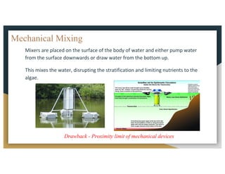 Mechanical Mixing
Mixers	are	placed	on	the	surface	of	the	body	of	water	and	either	pump	water	
from	the	surface	downwards	or	draw	water	from	the	bottom	up.
This	mixes	the	water,	disrupting	the	stratification	and	limiting	nutrients	to	the	
algae.		
Drawback - Proximity limit of mechanical devices
 