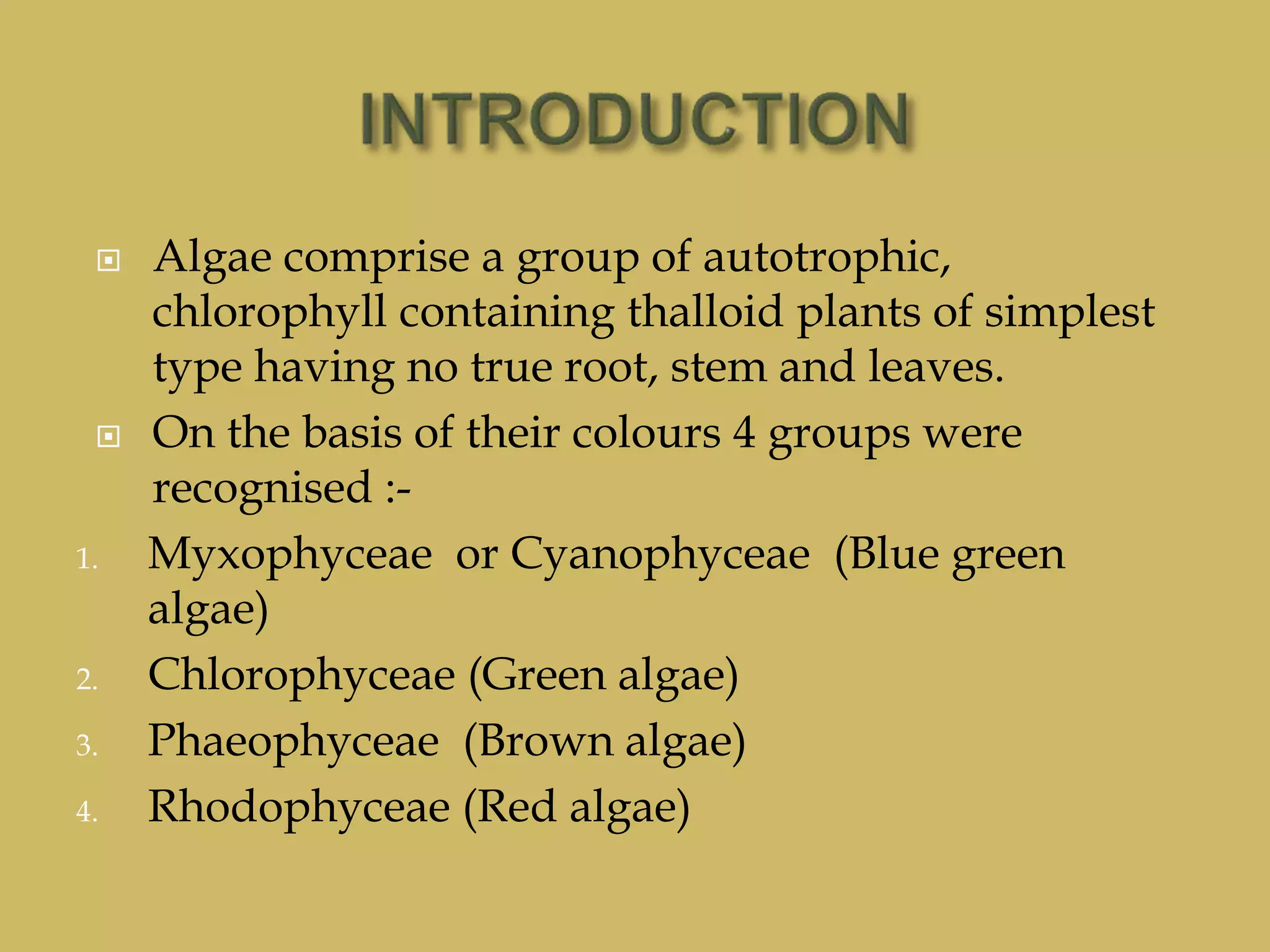  Algae comprise a group of autotrophic,
chlorophyll containing thalloid plants of simplest
type having no true root, stem and leaves.
 On the basis of their colours 4 groups were
recognised :-
1. Myxophyceae or Cyanophyceae (Blue green
algae)
2. Chlorophyceae (Green algae)
3. Phaeophyceae (Brown algae)
4. Rhodophyceae (Red algae)
 