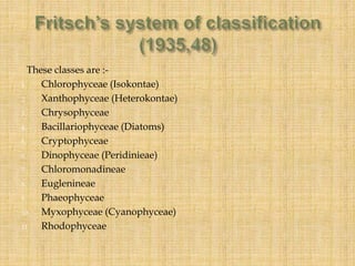These classes are :-
1. Chlorophyceae (Isokontae)
2. Xanthophyceae (Heterokontae)
3. Chrysophyceae
4. Bacillariophyceae (D...