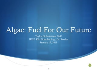 Algae: Fuel For Our Future Taylor Dellastatious Pfaff IDST 300: Biotechnology, Dr. Ressler January 19, 2011 