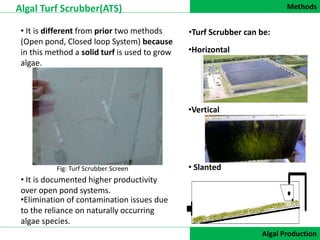 Methods
DATA COLLECTION
Algal Turf Scrubber(ATS)
Algal Production
• It is different from prior two methods
(Open pond, Closed loop System) because
in this method a solid turf is used to grow
algae.
• It is documented higher productivity
over open pond systems.
•Elimination of contamination issues due
to the reliance on naturally occurring
algae species.
•Turf Scrubber can be:
•Horizontal
•Vertical
• SlantedFig: Turf Scrubber Screen
 