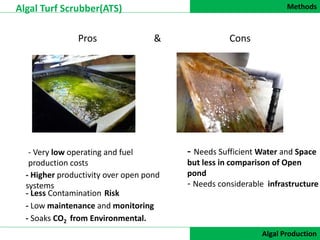 Methods
DATA COLLECTION
Algal Turf Scrubber(ATS)
Algal Production
Pros Cons
- Very low operating and fuel
production costs
- Low maintenance and monitoring
- Needs Sufficient Water and Space
but less in comparison of Open
pond
&
- Soaks CO2 from Environmental.
- Less Contamination Risk
- Needs considerable infrastructure
- Higher productivity over open pond
systems
 