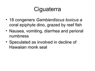 Ciguaterra
• 18 congeners Gambierdiscus toxicus a
  coral epiphyte dino, grazed by reef fish
• Nausea, vomiting, diarrhea and perioral
  numbness
• Speculated as involved in decline of
  Hawaiian monk seal
 