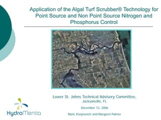 Application of the Algal Turf Scrubber® Technology for
  Point Source and Non Point Source Nitrogen and
                  Phosphorus Control




         Lower St. Johns Technical Advisory Committee,
                          Jacksonville, FL
                         December 12, 2006

                 Mark Zivojnovich and Margaret Palmer
 
