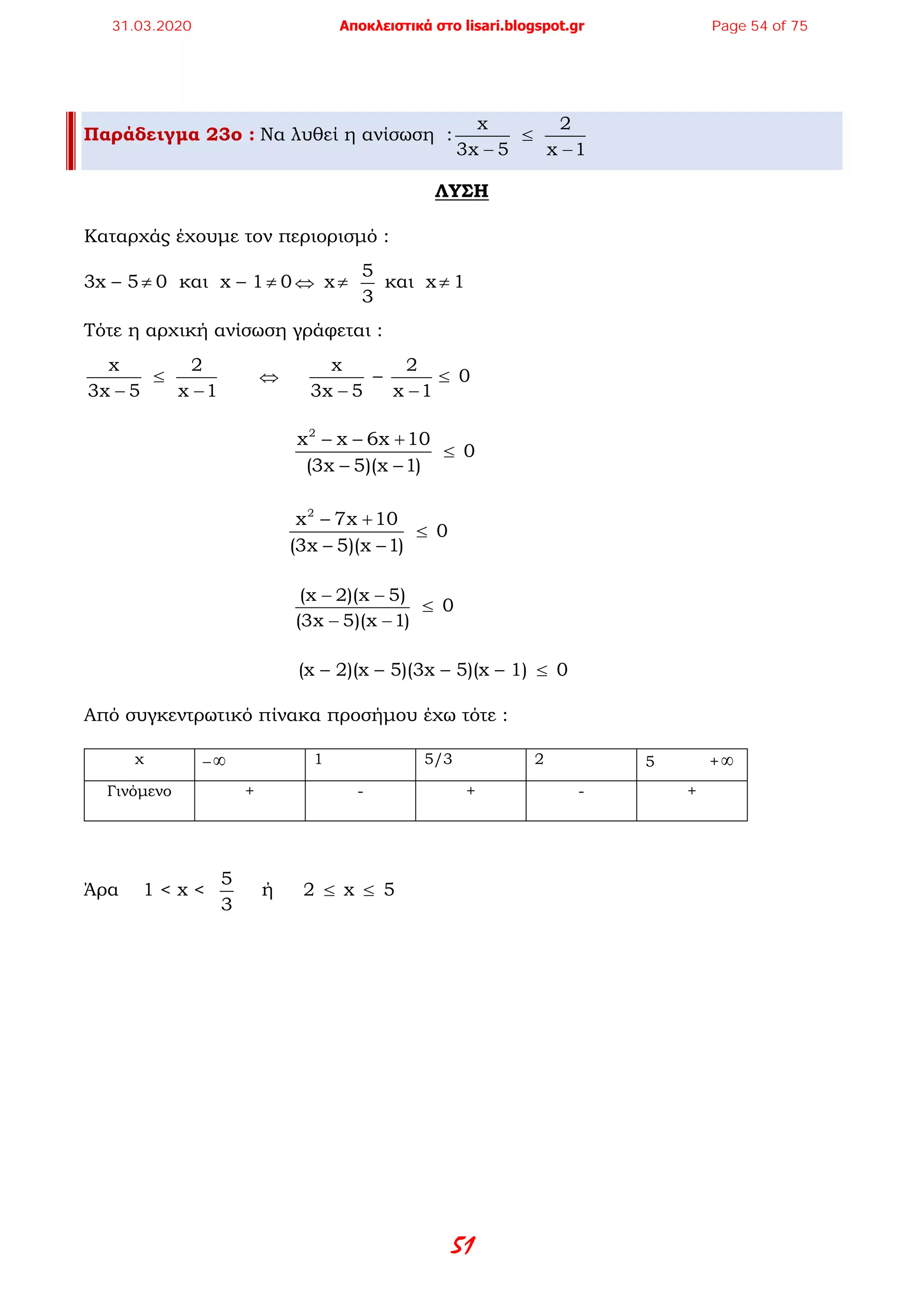 51
Παράδειγμα 23ο : Να λυθεί η ανίσωση :
x
3x 5−
≤
2
x 1−
ΛΥΣΗ
Καταρχάς έχουμε τον περιορισμό :
3x – 5 ≠ 0 και x – 1 ≠ 0 ⇔ x ≠
5
3
και x ≠ 1
Τότε η αρχική ανίσωση γράφεται :
x
3x 5−
≤
2
x 1−
⇔
x
3x 5−
–
2
x 1−
≤ 0
2
x x 6x 10
(3x 5)(x 1)
− − +
− −
≤ 0
2
x 7x 10
(3x 5)(x 1)
− +
− −
≤ 0
(x 2)(x 5)
(3x 5)(x 1)
− −
− −
≤ 0
(x – 2)(x – 5)(3x – 5)(x – 1) ≤ 0
Από συγκεντρωτικό πίνακα προσήμου έχω τότε :
χ – ∞ 1 5/3 2 5 +∞
Γινόμενο + - + - +
Άρα 1 < x <
5
3
ή 2 ≤ x ≤ 5
31.03.2020 Αποκλειστικά στο lisari.blogspot.gr Page 54 of 75
 