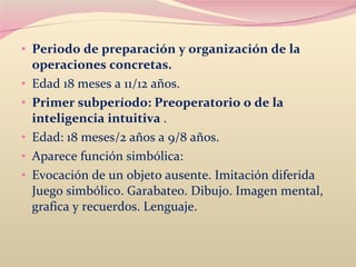 Periodo de preparación y organización de la operaciones concretas.  Edad 18 meses a 11/12 años.  Primer subperíodo: Preoperatorio o de la inteligencia intuitiva  .  Edad: 18 meses/2 años a 9/8 años.  Aparece función simbólica:  Evocación de un objeto ausente. Imitación diferida Juego simbólico. Garabateo. Dibujo. Imagen mental, grafica y recuerdos. Lenguaje.  