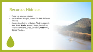 Recursos Hídricos
• Pobre em recursos hídricos
• Rio Guadiana desagua junto aVila Real de Santo
António
• Alguns rios, ribeiros e ribeiras: Algibre, Alportel,
Alte, Alvor, Arade,Asseca / Séqua, Bensafrim,
Foupana-Odeleite, Gilão,Odeceixe, Odelouca,
Oeiras,Vascão…
 