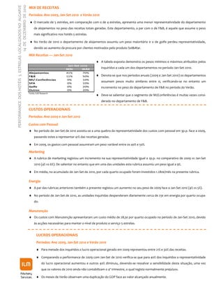 14 DE DEZEMBRO DE 2010
PERFORMANCE DOS HOTÉIS 5 ESTRELAS LOCALIZADOS NO ALGARVE
                                                            MIX DE RECEITAS
                                                            Períodos: Ano 2009, Jan-Set 2010 e Verão 2010
                                                            ♦ O mercado de 5 estrelas, em comparação com o de 4 estrelas, apresenta uma menor representatividade do departamento
                                                                de alojamentos no peso das receitas totais geradas. Este departamento, a par com o de F&B, é aquele que assume o peso
                                                                mais significativo nos hotéis 5 estrelas.

                                                            ♦ No Verão de 2010 o departamento de alojamentos assumiu um peso maioritário e o de golfe perdeu representatividade,
                                                                devido ao aumento da procura por clientes motivados pelo produto Sol&Mar.

                                                            MIX Receitas — Jan-Set 2010
                                                                                                               ♦ A tabela exposta demonstra os pesos mínimos e máximos atribuídos pelos
                                                                                          Jan-Set 2010
                                                                                         MÍN       MÁX             inquiridos a cada um dos departamentos no período Jan-Set 2010.
                                                            Alojamentos                  41%       70%
                                                            F&B                          11%       50%         ♦ Denota-se que nos períodos anuais (2009 e Jan-Set 2010) os departamentos
                                                            MI/ Conferências              0%       10%
                                                            SPA                           0%       10%
                                                                                                                   assumem pesos muito similares entre si, verificando-se no entanto um
                                                            Golfe                         0%       20%             incremento no peso do departamento de F&B no período do Verão.
                                                            Outros                        0%       20%
                                                            Fonte: ILM Research
                                                                                                               ♦ Deve-se salientar que o segmento de MI/Conferências é muitas vezes consi-
                                                                                                                   derado no departamento de F&B.

                                                            CUSTOS OPERACIONAIS
                                                            Períodos: Ano 2009 e Jan-Set 2010

                                                            Custos com Pessoal
                                                            ♦ No período de Jan-Set de 2010 assistiu-se a uma quebra da representatividade dos custos com pessoal em 3p.p. face a 2009,
                                                                 passando estes a representar 41% das receitas geradas.

                                                            ♦ Em 2009, os gastos com pessoal assumiram um peso variável entre os 40% e 50%.

                                                            Marketing
                                                            ♦ A rubrica de marketing registou um incremento na sua representatividade igual a 2p.p. no comparativo de 2009 vs Jan-Set
                                                                 2010 (4% vs 6%). De salientar no entanto que em uma das unidades esta rubrica assumiu um peso igual a 9%.

                                                            ♦ Em média, no acumulado de Jan-Set de 2010, por cada quarto ocupado foram investidos 1.280€/mês na presente rubrica.

                                                            Energia
                                                            ♦ A par das rubricas anteriores também a presente registou um aumento no seu peso de 2009 face a Jan-Set 2010 (4% vs 5%).

                                                            ♦ No período de Jan-Set de 2010, as unidades inquiridas despenderam diariamente cerca de 25€ em energia por quarto ocupa-
                                                                 do.

                                                            Manutenção
                                                            ♦ Os custos com Manutenção apresentaram um custo médio de 28,5€ por quarto ocupado no período de Jan-Set 2010, devido
                                                                 às acções necessárias para manter o nível de produto e serviço 5 estrelas.


                                                                   LUCROS OPERACIONAIS
                                                                   Períodos: Ano 2009, Jan-Set 2010 e Verão 2010
                                                                   ♦ Para metade dos inquiridos o lucro operacional gerado em 2009 representou entre 21% e 30% das receitas.

                                                                   ♦ Comparando a performance de 2009 com Jan-Set de 2010 verifica-se que para 40% dos inquiridos a representatividade
                                                                        do lucro operacional aumentou e outros 40% diminuiu, devendo-se ressalvar a sensibilidade desta situação, uma vez
                                                                        que os valores de 2010 ainda não contabilizam o 4º trimestre, o qual regista normalmente prejuízos.

                                                                   ♦ Os meses de Verão observam uma duplicação do GOP face ao valor alcançado anualmente.
 