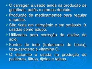 O  carragen é usado ainda na produção de
  gelatinas, patês e cremes dentais.
 Produção de medicamentos para regular
  o apetite.
 São ricas em nitrogênio e em potássio 
  usadas como adubo.
 Utilizadas para correção da acidez do
  solo.
 Fontes de iodo (tratamento do bócio),
  beta-caroteno e vitamina C.
 O diatomito é usada na produção de
  polidores, filtros, tijolos e telhas.
 