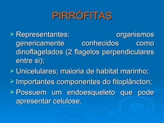 PIRRÓFITAS
 Representantes:                organismos
  genericamente        conhecidos      como
  dinoflagelados (2 flagelos perpendiculares
  entre si);
 Unicelulares; maioria de habitat marinho;
 Importantes componentes do fitoplâncton;
 Possuem um endoesqueleto que pode
  apresentar celulose.
 