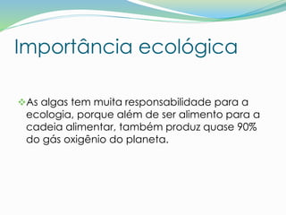 Importância ecológica
As algas tem muita responsabilidade para a
ecologia, porque além de ser alimento para a
cadeia alimentar, também produz quase 90%
do gás oxigênio do planeta.
 
