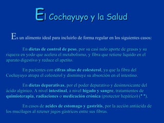 El Cochayuyo y la Salud
  Es un alimento ideal para incluirlo de forma regular en los siguientes casos:
         En dietas de control de peso, por su casi nulo aporte de grasas y su
riqueza en yodo que acelera el metabolismo, y fibra que retiene liquido en el
aparato digestivo y reduce el apetito.

       En pacientes con cifras altas de colesterol, ya que la fibra del
Cochayuyo atrapa el colesterol y disminuye su absorción en el intestino.

         En dietas depurativas, por el poder depurativo y desintoxicante del
ácido algínico. A nivel intestinal, a nivel hígado y sangre, tratamientos de
quimioterapia, radiaciones o medicación crónica (protector hepático) (* *).

         En casos de acides de estomago y gastritis, por la acción antiácida de
los mucílagos al retener jugos gástricos entre sus fibras.
 