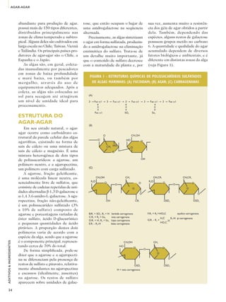 AGAR-AGAR




                          abundante para produção de agar,              tose, que então ocupam o lugar de      sua vez, aumenta muito a resistên-
                          possui mais de 150 tipos diferentes,          uma anidrogalactose na seqüencia       cia dos géis de agar obtidos a partir
                          distribuídos principalmente nas               alternada.                             dela. Também, dependendo das
                          zonas de clima temperado e subtro-               Precisamente, as algas sintetizam   espécies, alguns restos de galactose
                          pical. Alguns deles são cultivados em         o agar em forma sulfatada, produzin-   possuem grupos metilo no carbono
                          larga escala no Chile, Taiwan, Vietnã         do a anidrogalactose na eliminação     6. A quantidade e qualidade do agar
                          e Tailândia. Os principais países pro-        enzimática do sulfato. Trata-se de     acumulado dependem de diversos
                          dutores de agar-agar são o Chile, a           um detalhe muito importante, já        fatores biológicos e ambientais, e é
                          Espanha e o Japão.                            que o conteúdo de sulfato decresce     diferente em distintas zonas da alga
                              As algas são, em geral, coleta-           com a maturidade da planta e, por      (veja Figura 1).
                          das manualmente por pescadores
                          em zonas de baixa profundidade
                          e maré baixa, ou também por
                          m e rg u l h o, a t r a v é s d o u s o d e
                          equipamentos adequados. Após a
                          coleta, as algas são colocadas ao
                          sol para secagem até atingirem
                          um nível de umidade ideal para
                          processamento.

                          ESTRUTURA DO
                          AGAR-AGAR
                              Em seu estado natural, o agar-
                          agar ocorre como carboidrato es-
                          trutural da parede celular das algas
                          agarófitas, existindo na forma de
                          sais de cálcio ou uma mistura de
                          sais de cálcio e magnésio. É uma
                          mistura heterogênea de dois tipos
                          de polissacarídeos: a agarose, um
                          polímero neutro, e a agaropectina,
                          um polímero com carga sulfatado.
                              A agarose, fração geleificante,
                          é uma molécula linear neutra, es-
                          sencialmente livre de sulfatos, que
                          consiste de cadeias repetidas de uni-
                          dades alternadas b-1,3 D-galactose e
                          a-1,4 3,6-anidro-L-galactose. A aga-
                          ropectina, fração não-geleificante,
                          é um polissacarídeo sulfatado (3%
                          a 10% de sulfato) composto de
                          agarose e porcentagens variadas de
                          éster sulfato, ácido D-glucurônico
                          e pequenas quantidades de ácido
                          pirúvico. A proporção destes dois
                          polímeros varia de acordo com a
                          espécie da alga, sendo que a agarose
                          é o componente principal, represen-
ADITIVOS & INGREDIENTES




                          tando cerca de 70% do total.
                              De forma simplificada, pode-se
                          dizer que a agarose e a agaropecti-
                          na se diferenciam pela presença de
                          restos de sulfato e piruvato, relativa-
                          mente abundantes na agaropectina
                          e escassos (idealmente, ausentes)
                          na agarose. Os restos de sulfato
                          aparecem sobre unidades de galac-

     34
 