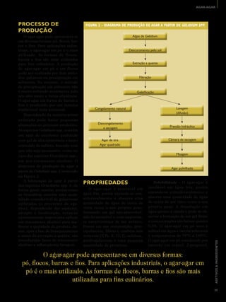 AGAR-AGAR




pROCESSO DE                             FIGURA 2 - DIAGRAMA DE PRODUÇÃO DE AGAR A PARTIR DE GELIDIUM SPP.
pRODUçãO
   O agar-agar pode apresentar-se                                      Algas de Gelidium
em diversas formas: pó, flocos, bar-
ras e fios. Para aplicações indus-
triais, o agar-agar em pó é o mais                                   Descoramento pelo sol
utilizado. As formas de flocos,
barras e fios são mais utilizadas
para fins culinários. A produção                                       Extração a quente
de agar-agar em pó e em flocos
pode ser realizada por dois méto-
dos: gel-press ou precipitação em                                          Filtração
solventes. No entanto, o método
de precipitação em solventes não
é muito utilizado atualmente pelo                                         Geleificação
seu alto custo e baixa eficiência.
O agar-agar em forma de barras e
fios é produzido por um sistema
tradicional mais artesanal.                   Congelamento natural                               Lavagem
                                                                                                 (difusão)
   Dependendo da matéria-prima
utilizada pode haver pequenas
alterações no processo produtivo.               Descongelamento
                                                   e secagem                                 Pressão hidráulica
As espécies Gelidium spp. contêm
um agar de excelente qualidade
com gel de alta resistência e baixo               Agar de tira                               Câmara de secagem
conteúdo de sulfato, fazendo com                 Agar quadrado
que não seja necessário, como no
                                                                                                 Moagem
caso das espécies Gracilária spp.,
um pré-tratamento alcalino. O
diagrama de produção de agar a
                                                                                              Agar polvilhado
partir de Gelidium spp. é mostrado
na Figura 2.
   A fabricação de agar à partir
das espécies Gracilária spp. é, de
                                       pROpRIEDADES                                 Solubilidade - O agar-agar é
                                          O agar-agar é insolúvel em             insolúvel em água fria, porém
forma geral, similar, porém como
                                       água fria, porém expande-se con-          expande-se consideravelmente e
as Gracilária contêm uma quan-
                                       sideravelmente e absor ve uma             absorve uma quantidade de água
tidade considerável de galactanas
                                       quantidade de água de cerca de            de cerca de até vinte vezes o seu
sulfatadas (o precursor da aga-
rose), dependendo das espécies,        vinte vezes o seu próprio peso,           próprio peso. A dissolução em
estação e localização, torna-se        formando um gel não-absorvível,           água quente é rápida e pode-se ob-
extremamente importante aplicar        não-fermentável e com importan-           servar a formação de um gel firme
um tratamento alcalino para me-        te característica de ser atóxico.         a concentrações tão baixas quanto
lhorar a qualidade do produto. As-     Possui em sua composição, prin-           0,5%. O agar-agar em pó seco é
sim, após a fase de branqueamento      cipalmente, fibras e também sais          solúvel em água e outros solventes
e antes da extração a quente, são      minerais (P, Fe, K, Cl, I), celulose,     à temperaturas de 95ºC a 100ºC.
introduzidas fases de tratamento       anidrogalactose e uma pequena             O agar-agar em pó umedecido por
                                                                                                                          ADITIVOS & INGREDIENTES




alcalino e subseqüente lavagem.        quantidade de proteínas.                  imersão em etanol, 2-propanol,

          O agar-agar pode apresentar-se em diversas formas:
  pó, flocos, barras e fios. Para aplicações industriais, o agar-agar em
   pó é o mais utilizado. As formas de flocos, barras e fios são mais
                      utilizadas para fins culinários.
                                                                                                                          35
 