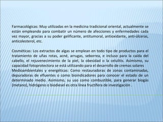 Farmacológicas: Muy utilizadas en la medicina tradicional oriental, actualmente se
están empleando para combatir un número de afecciones y enfermedades cada
vez mayor, gracias a su poder gelificante, antitumoral, antioxidante, anti-úlceras,
anticolesterol, etc.
Cosméticas: Los extractos de algas se emplean en todo tipo de productos para el
tratamiento de uñas rotas, acné, arrugas, seborrea, e incluso para la caída del
cabello, el rejuvenecimiento de la piel, la obesidad o la celulitis. Asimismo, su
capacidad fotoprotectora se está utilizando para el desarrollo de cremas solares
Medioambientales y energéticas: Como restauradoras de zonas contaminadas,
depuradoras de efluentes o como bioindicadores para conocer el estado de un
determinado medio. Asimismo, su uso como combustible, para generar biogás
(metano), hidrógeno o biodiesel es otra línea fructífera de investigación .
 