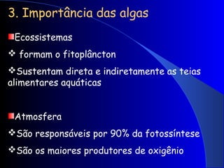 3. Importância das algas
Ecossistemas
 formam o fitoplâncton
Sustentam direta e indiretamente as teias
alimentares aquáticas
Atmosfera
São responsáveis por 90% da fotossíntese
São os maiores produtores de oxigênio
 