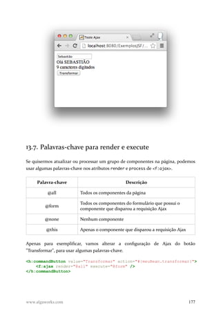 13.7. Palavras-chave para render e execute
Se quisermos atualizar ou processar um grupo de componentes na página, podemos
usar algumas palavras-chave nos atributos render e process de <f:ajax>.
Palavra-chave Descrição
@all Todos os componentes da página
@form
Todos os componentes do formulário que possui o
componente que disparou a requisição Ajax
@none Nenhum componente
@this Apenas o componente que disparou a requisição Ajax
Apenas para exemplificar, vamos alterar a configuração de Ajax do botão
"Transformar", para usar algumas palavras-chave.
<h:commandButton value="Transformar" action="#{meuBean.transformar}">
<f:ajax render="@all" execute="@form" />
</h:commandButton>
www.algaworks.com 177
 