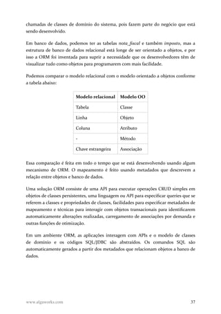chamadas de classes de domínio do sistema, pois fazem parte do negócio que está
sendo desenvolvido.
Em banco de dados, podemos ter as tabelas nota_fiscal e também imposto, mas a
estrutura de banco de dados relacional está longe de ser orientado a objetos, e por
isso a ORM foi inventada para suprir a necessidade que os desenvolvedores têm de
visualizar tudo como objetos para programarem com mais facilidade.
Podemos comparar o modelo relacional com o modelo orientado a objetos conforme
a tabela abaixo:
Modelo relacional Modelo OO
Tabela Classe
Linha Objeto
Coluna Atributo
- Método
Chave estrangeira Associação
Essa comparação é feita em todo o tempo que se está desenvolvendo usando algum
mecanismo de ORM. O mapeamento é feito usando metadados que descrevem a
relação entre objetos e banco de dados.
Uma solução ORM consiste de uma API para executar operações CRUD simples em
objetos de classes persistentes, uma linguagem ou API para especificar queries que se
referem a classes e propriedades de classes, facilidades para especificar metadados de
mapeamento e técnicas para interagir com objetos transacionais para identificarem
automaticamente alterações realizadas, carregamento de associações por demanda e
outras funções de otimização.
Em um ambiente ORM, as aplicações interagem com APIs e o modelo de classes
de domínio e os códigos SQL/JDBC são abstraídos. Os comandos SQL são
automaticamente gerados a partir dos metadados que relacionam objetos a banco de
dados.
www.algaworks.com 37
 