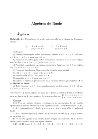 ´Algebras de Boole
1. ´Algebras
Deﬁnici´on 1.1. Un conjunto A se dice que es un ´algebra si dispone de dos opera-
ciones:
+ : A × A −→ A · : A × A −→ A
(a, b) −→ a + b (a, b) −→ a · b
veriﬁcando:
a) Elemento neutro para ambas operaciones: Existen 0 ∈ A y 1 ∈ A tales que:
a + 0 = a y a · 1 = a para todo a ∈ A.
b) Propiedad asociativa para ambas operaciones: Para todo a, b, c ∈ A se veriﬁca
que (a + b) + c = a + (b + c) y (a · b) · c = a · (b · c).
c) Propiedad conmutativa para ambas operaciones: Para todo a, b ∈ A se veriﬁca
que a + b = b + a y a · b = b · a.
d) Propiedad distributiva: El producto distribuye la suma, es decir :
(a + b) · c = a · c + b · c para todo a, b, c ∈ A.
e) Idempotencia: a2
= a para todo a ∈ A.
f) Absorci´on: a + 1 = 1 para todo a ∈ A.
Si adem´as A veriﬁca la propiedad de abajo entonces diremos que el ´algebra A es
un ´algebra de Boole:
g) Todo elemento a ∈ A tiene complementario; es decir existe ¯a ∈ A tal que
a + ¯a = 1 y a · ¯a = 0.
Observaci´on 1.2. En un ´algebra de Boole no se puede ni restar ni dividir y por tanto
no se veriﬁca la ley de cancelaci´on; es decir no se veriﬁca que
{
a + x = a + y ⇒ x = y
a · x = a · y ⇒ x = y
Ejemplos
1. Si X es un conjunto entonces el conjunto de los subconjuntos de X con las
operaciones de uni´on e intersecci´on es un ´algebra de Boole. Lo denotaremos por P(X).
2. A = { proposiciones } donde p + q = p y q ; p · q = p ´o q. (Ver el cuadro del
ﬁnal)
3. A = { circuitos digitales } donde p + q = montar en serie p y q ; p · q = montar
en paralelo p y q.
El 0 de esta ´algebra es un circuito donde siempre pasa corriente. El 1 de esta
´algebra es un circuito donde nunca pasa corriente.
4. B = {0, 1} donde 0+0 = 0 ; 1+1 = 1 ; 0+1 = 1+0 = 1 = 1·1 ; 1·0 = 0·1 = 0.
1
 