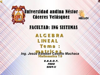 Universidad andina Néstor Cáceres Velásquez FACULTAD: ING SISTEMAS ALGEBRA LINEAL  Tema : matrices   Mathematica 7.0 Ing. Jesús Esteban Castillo Machaca U.A.N.C.V. PUNO 2009-II 