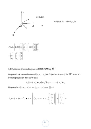                               Z 

                                                          u=(1,1,2) 

                                                                                              v1= (1,0, 0)     v2= (0, 1,0) 

                        V1                    v2                Y          

  

         X 

 

          ⎛        ⎛1⎞⎞ ⎛1⎞ ⎛                ⎛ 0 ⎞ ⎞⎛ 0 ⎞
          ⎜        ⎜ ⎟⎟ ⎜ ⎟ ⎜                ⎜ ⎟ ⎟⎜ ⎟
Pπ (u ) = ⎜ (1,2,2)⎜ 0 ⎟ ⎟.⎜ 0 ⎟ + ⎜ (1,1,2).⎜ 1 ⎟ ⎟⎜ 1 ⎟
          ⎜        ⎜1⎟⎟ ⎜1⎟ ⎜                ⎜ 0 ⎟ ⎟⎜ 0 ⎟
          ⎝        ⎝ ⎠⎠ ⎝ ⎠ ⎝                ⎝ ⎠ ⎠⎝ ⎠
                                                           
   ⎛1⎞ ⎛0⎞ ⎛1⎞
   ⎜ ⎟ ⎜ ⎟ ⎜ ⎟
= 1⎜ 0 ⎟ + 1⎜ 1 ⎟ = ⎜ 1 ⎟
   ⎜0⎟ ⎜0⎟ ⎜0⎟
   ⎝ ⎠ ⎝ ⎠ ⎝ ⎠

 

3.2 Projection d’un vecteur sur un HIPER PLAN de  ℜ  
                                                                                        n



On prend une base othonormal  {v1 , v 2 ,....v m }  de l’hiperlan H  (m ≤ n )  de  ℜ et u ∈ ℜ n . 
                                                                                                                   n


Donc la projection de u sur H est :  

                                             (          )      (           )                (
                                    PH (u ) = u .v1 • v1 + u v2 • v2 + .......... + u v m • v m  
                                                    T                  T                        T
                                                                                                    )
On prend  u = (x1 , x 2 .....x n ) et  v = ( y1 , y 2 ..... y n ) avec  v = 1
                                                                                         
 
                                           ⎡                                    ⎛   y1 ⎞ ⎤ ⎛ y1 ⎞
                                           ⎢                                    ⎜      ⎟⎥ ⎜     ⎟
                                                                               )⎜
                                                                                    y2 ⎟⎥ ⎜ y2 ⎟
    P v ( u ) = ( u .v       T
                                   ) • v = ⎢ (x 1 + L + x n                     ⎜         •       =  
                                           ⎢                                        M ⎟⎥ ⎜ M ⎟
                                           ⎢                                    ⎜      ⎟⎥ ⎜     ⎟
                                                                                ⎜   yn ⎟⎥ ⎜ yn ⎟
                                           ⎢
                                           ⎣                                    ⎝      ⎠⎦ ⎝     ⎠




 
                                                                    31 
 